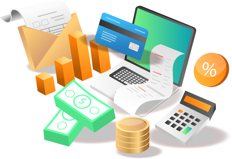 3d marketing illustration with money graphs and calculators on