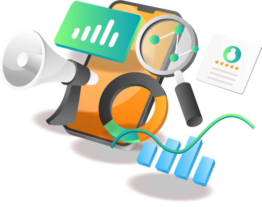 3d marketing illustration showing graphs and reviews